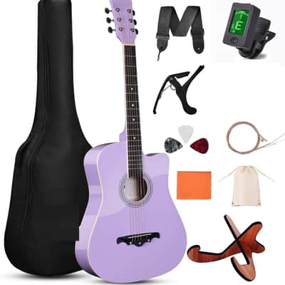 38" Inch Acoustic Guitar Bundle for Beginners Adults with Online Lesson, Cutaway Wood Acustica Guitarra Starter Set Package with Gig Bag, Strap, Steel Strings, Picks, Capos, Stand, Purple 1 image 1