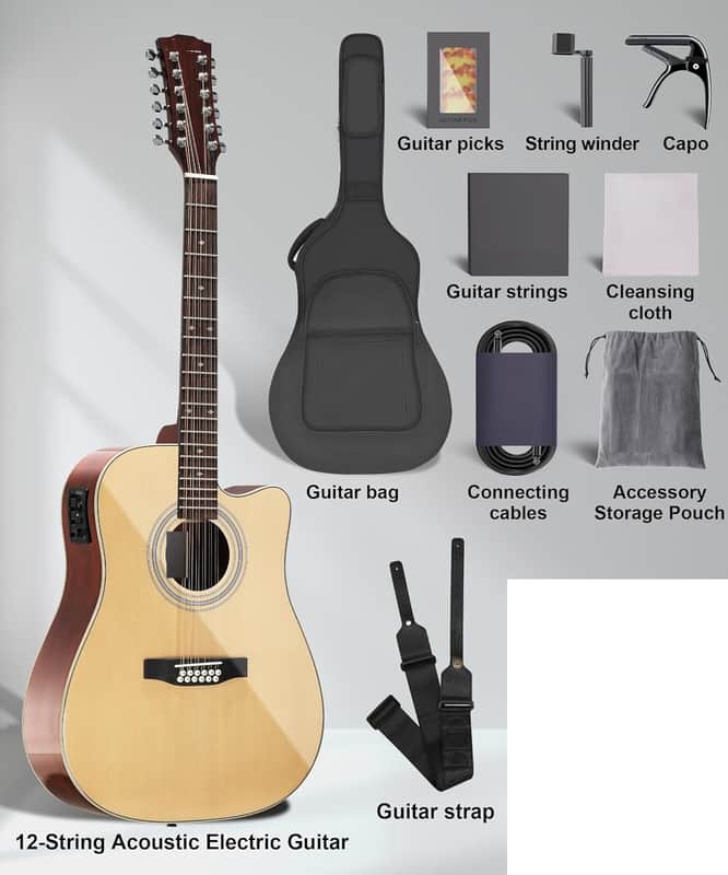 12-String Acoustic Electric Guitar: Mahogany Back and Sides with Spruce Top, 41-inch Cutaway Body, Built-in Pickup; Deluxe Set Includes Guitar Bag, Tuner, Cable, Capo, Strings & Picks image 1