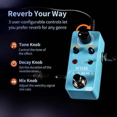 FLAMMA FC02 Mini Reverb Pedal Digital Guitar Pedal with 3 Reverb Effects Church Plate Studio True Bypass image 3