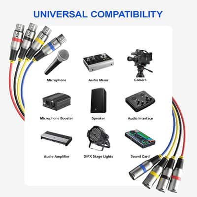 \2 Pack Professional 4 Channel XLR Snake Cables 6FT, Noise Free and Long-Lasting Snake Cable, All Copper Conductors XLR Male to Female Recording Snake for Live and Studios, Color Cording image 4