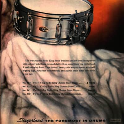 Slingerland - 1960s 6.5x14" Chrome over Brass Radio King – No. 142,  Niles Badge image 3