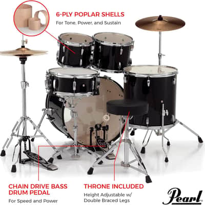 Pearl Roadshow Drum Set 5-Piece Complete Kit with Cymbals and Stands, Jet Black (RS525SC/C31) image 4