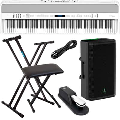 Roland FP-90X Digital Piano (White), Stand, Bench, Sustain Pedal, Mackie Thrash 212, 1/4 Cable Bundle