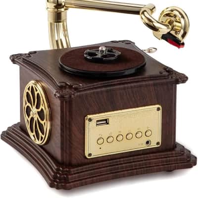 Vintage Wooden Record Player – Bluetooth, USB, AUX, FM Radio, Copper Horn Speakers (Walnut) image 2