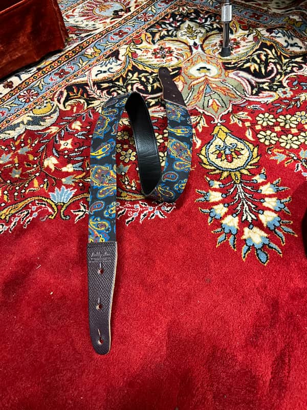 Bobby Lee Black blue orange paisley and brown leather guitar strap 1960s image 1