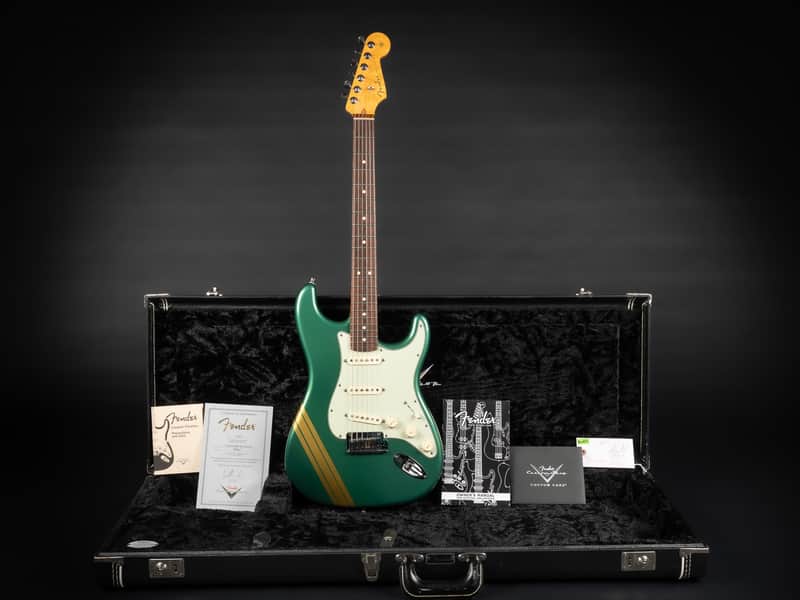 2012 Fender Custom Shop Custom Deluxe Stratocaster - Sherwood Green with Gold Racing Stripes | COA OHSC image 1
