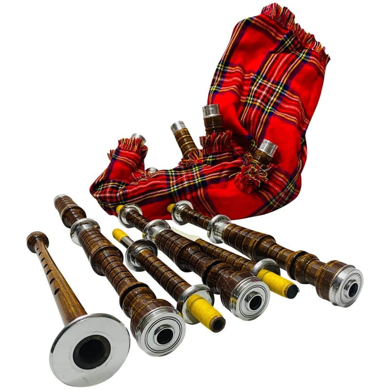 Scottish Highland Bagpipes – Full Silver Mounts, Natural Rosewood Finish with Royal Stewart Cover, Carry Bag & Tutor Book image 1