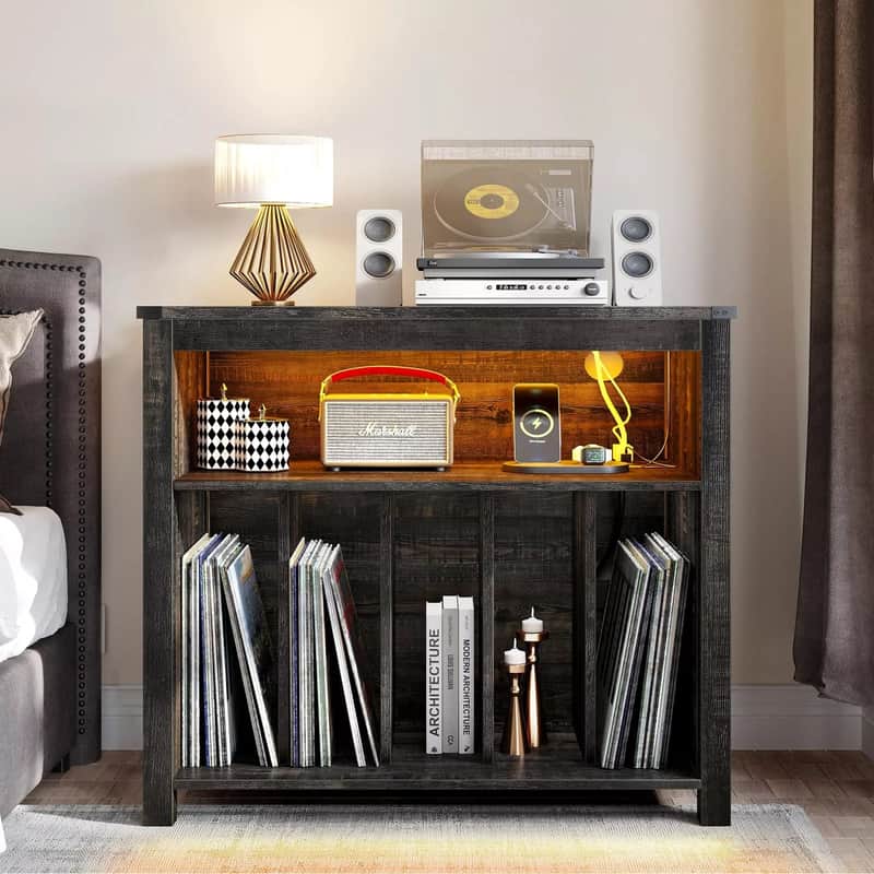 Vintage Record Player Stand w/ LED Lights & Charging Station – Holds 250 Vinyl Albums | Turntable Storage CabinetVintage Record Player Stand w/ LED Lights & Charging Station – Holds 250 Vinyl Albums | Turntable Storage Cabinet image 1