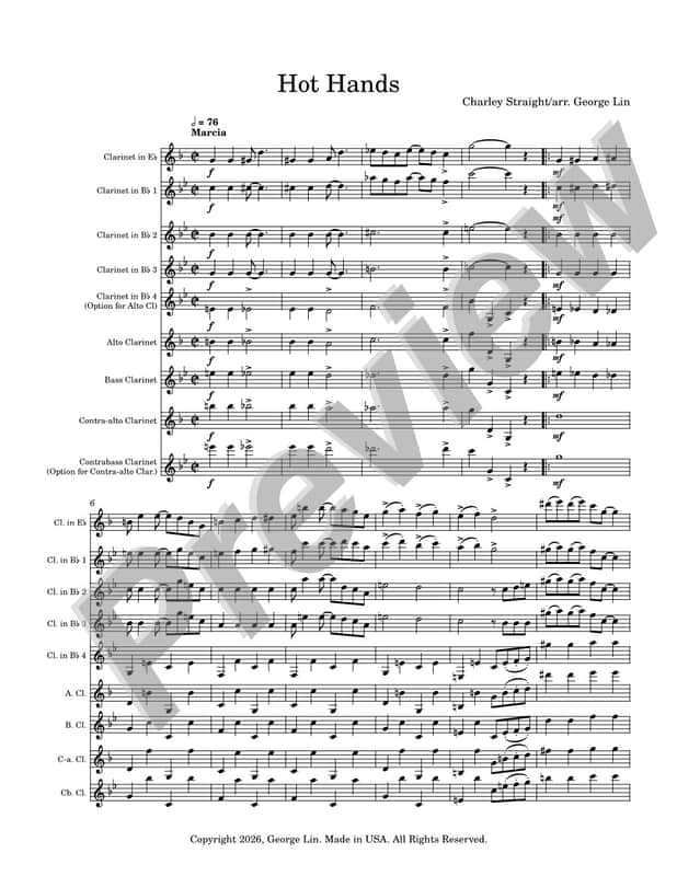 Clarinet Sheet Music - Hot Hands (Charley Straight).   Arranged for clarinet choir.  Full Score and Parts. image 1