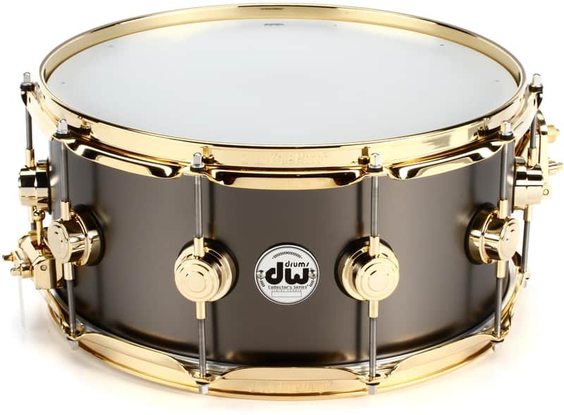 DW Collector's Series Metal Snare Drum 6.5 x 14-inch - Satin Black Over Brass - Gold Hardware image 1