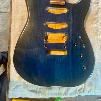Custom Superwide Superstrat Style Guitar Neck and Body - Trans-tint Blue image 1