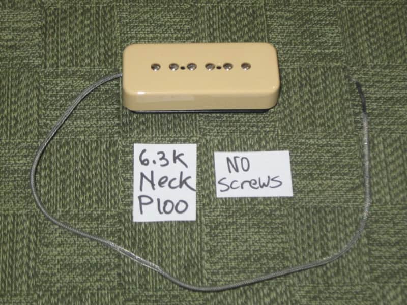 mostly very clean 1990s Gibson P-100 Soapbar pickup with Creme Cover (but can sell with black cover instead) NO mounting screws 6.3k - ideal for NECK position (2 conductor, solder connect) a P100 is a stacked humbucker that's hum-cancelling image 1