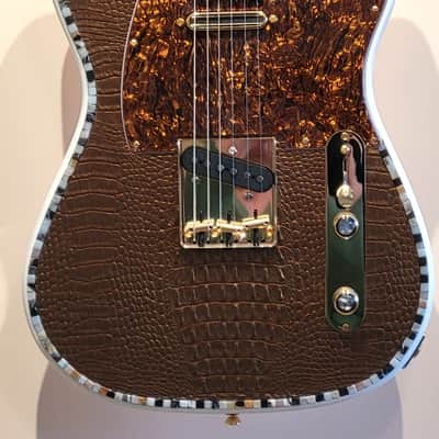 Custom Designed & Crafted White Tele Style w/Gold Alligator Tolex & Amazonite Stones Serial #064 - 2025 image 5