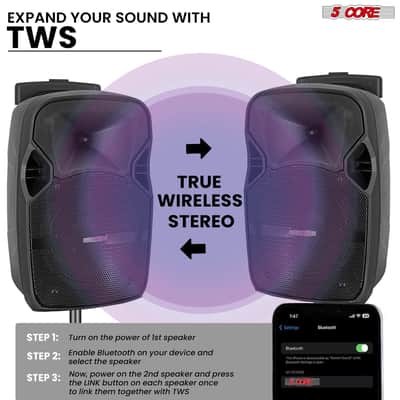 5 Core Party Speaker 2Pc Bluetooth 250W Active Rechargeable Outdoor PA DJ System w 2 Wireless Mic image 9