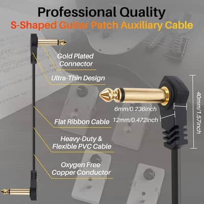 12-Inch Flat Guitar Patch Cables 6 Pack, S-Shape Ultra-Thin 6.35mm Right-Angle Guitar Effects Pedal Board Patch Flat Cord,Thin-Type Save More Space Pedal Board Cables Gold Plated Connector 1/4 1/4"TS image 2