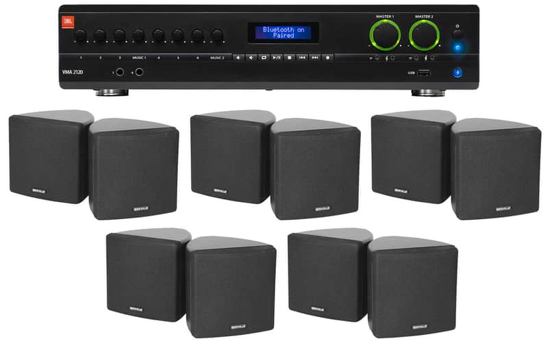 JBL 2-Channel Amplifier+(10) 3.5" Black Cube Speakers for Restaurant/Bar/Cafe image 1