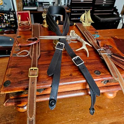 Hand Made, Hand Stitched Guitar strap "Rockatansky" in Black & Black - Vegetable Tanned Leather image 12