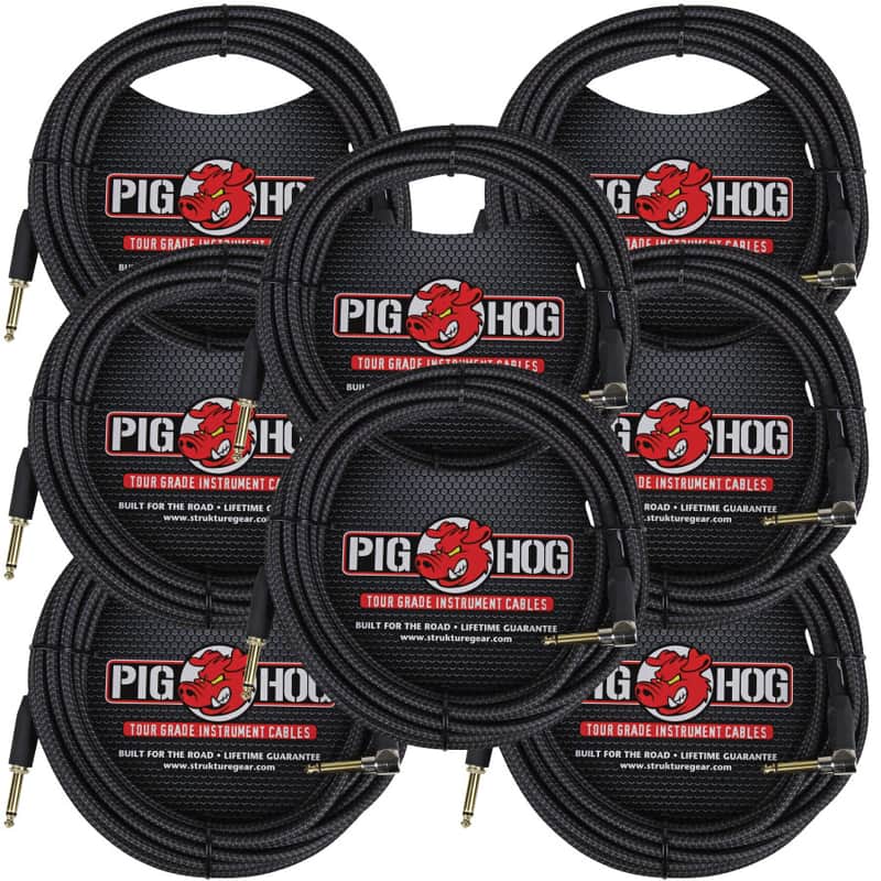 8 Pack Pig Hog PCH20BKR Black Woven ¼” TO ¼” Right Angle Instrument Cable, 20ft image 1