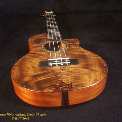 Handcrafted Tenor Ukulele, Carved ARCHBACK Solid Curly Acacia, Mahogany, Floral Inlay, Soft-bag, Bruce Wei UAC17-2046 image 8