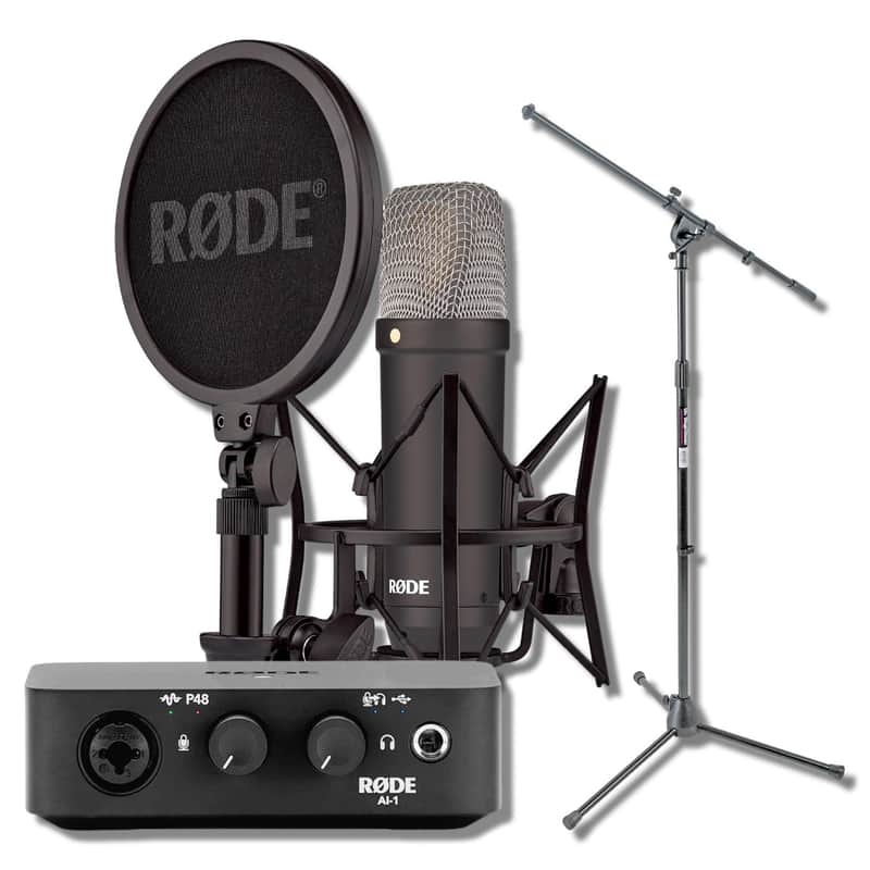 Rode NT1 Signature Series Black Large-Diaphragm Cardioid Condenser Microphone Home Studio Recording Bundle with Rode Ai-1 USB-C Audio Interface and On-Stage MS7701B Euro Boom Tripod Microphone Stand image 1