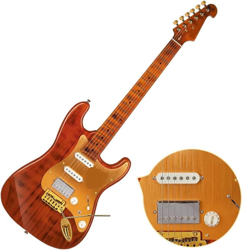 Electric Guitar with Tiger Stripe Flamed Maple Top & Gold Pickguard, Solid Body Electric Guitars for Adults