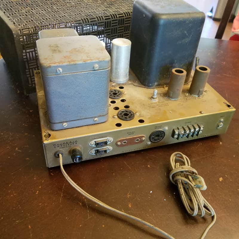 Heathkit W-5M Monoblock KT66 25 Watt Tube Power Amplifier and Cage 1959 Gold and Black