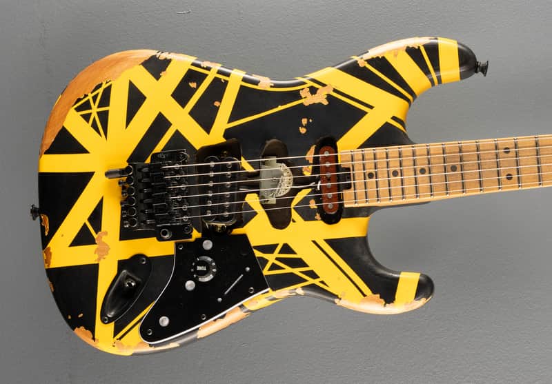EVH Limited Edition Striped Series Frankenstein Frankie - Black w/ Yellow Stripes Aged image 1