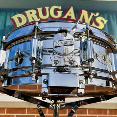 1960s Rogers 5x14 Dyna-Sonic 5-Line Snare Drum Chrome Over Brass Dynasonic COB image 5