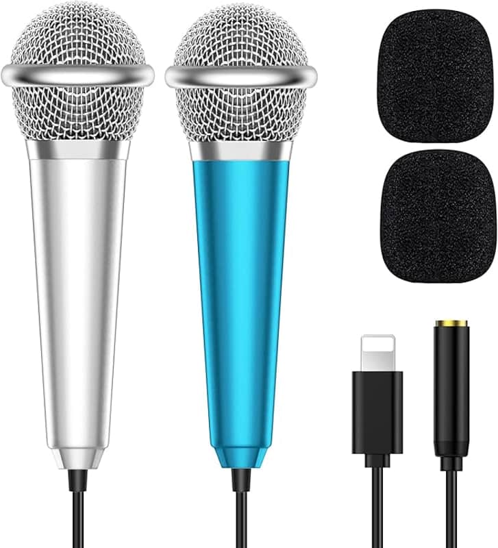 2PCS Mini Microphone for iPhone iPad Small ASMR Tiny Microphone for Voice Video Recording Singing, Vlogging, YouTube Two Mics Silver and Blue image 1
