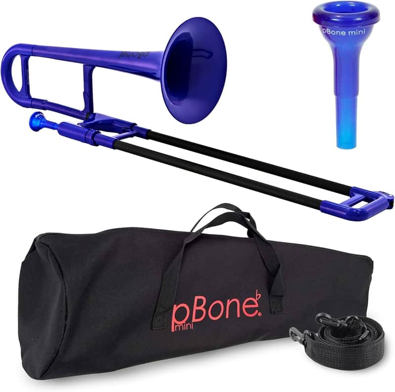 pBone Plastic Kids pBone Mini Trombone - Mouthpiece and Carrying Bag- Lightweight Versatile, Comfortable Ergonomic Grip- Eb Authentic Sound for Student & Beginner- Durable ABS Construction- Blue image 1