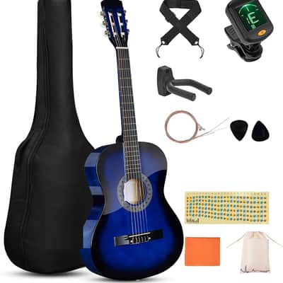 Beginner Acoustic Classical Guitar 38 Inch Nylon Strings Wooden Guitar Bundle Kit for Kid Boy Girl Student Youth Guitarra Online Lessons with Gig Bag, Strap, Tuner, Strings, Blue image 1