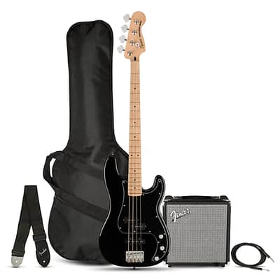 Squier Affinity Series Precision Electric Bass PJ Pack, Maple Fingerboard, Black, Gig Bag, Rumble 15 - 120V image 1