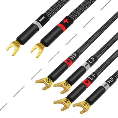 6 Foot ULTIMATE - 9 AWG - Ultra-Pure OFC - Premium Audiophile HiFi Bi-Wire Speaker Cable Pair with Eminence Gold Spade Plugs & Carbon Tweed Jacket image 1