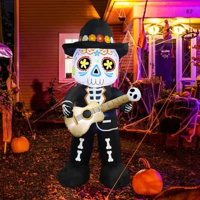 6FT Inflatable Mariachi Skeleton Halloween Decor w/ Guitar & LED Lights image 1
