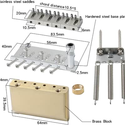 10.5mm Electric Guitar Bridge with Stainless Steel Saddles Plate Brass Block 2 Point Tremolo Bridge Compatible with Stratocaster Strat 6 String Electric Guitar Replacement Parts (Pearl Nickel) image 2
