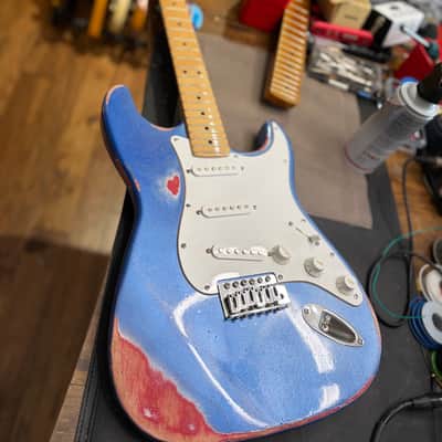 Fender American Stratocaster Neck 2026 - Red White undercoat with 2k imperium blue sparkle relic image 1