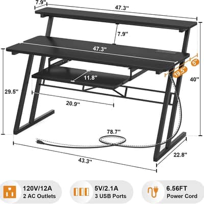 Music Production Studio Desk – Recording Workstation with Monitor Shelf, Keyboard Tray & Power Outlets image 3