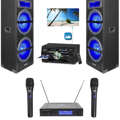 (2) Technical Pro Dual 15" 1800w LED Karaoke Speakers+Receiver+(2) Wireless Mics image 1