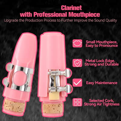 Bb Clarinet For Beginners Students B Flat Clarinet 17 Keys Clarinet with Case Stand Strap 2 Barrels 8 Mouthpiece Cushion White Gloves(Pink) image 3