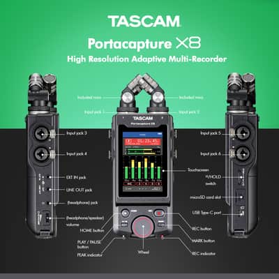 Tascam Portacapture X8 Multitrack Handheld Adaptive Recorder 6-Input / 6-Track, for Interviews, Podcasting, and more, comes with a Deluxe Accessories Bundle image 3