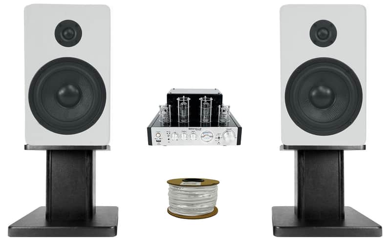 Rockville BluTube Tube Amplifier+(2) 5.25" White Bookshelf Speakers + 8" Stands + Rockville BLUE 14G50 OFC 14 Gauge 50 Foot 100% Copper Speaker Wire image 1