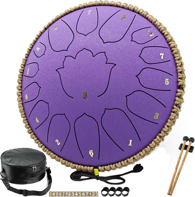 13-Inch 15-Note Steel Tongue Drum – C Major – Handpan Steel Drum for Meditation, Yoga & Relaxation – Includes Mallets, Music Book & Carry Bag (Violet) image 1