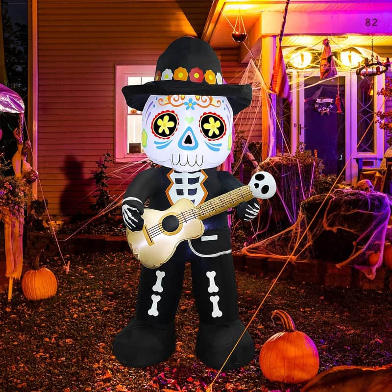 6FT Inflatable Mariachi Skeleton Halloween Decor w/ Guitar & LED Lights image 1