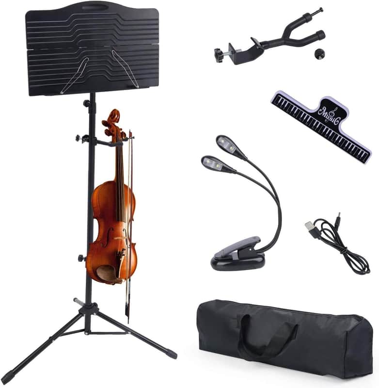 Sheet Music Stand with Violin Hanger, Portable Folding violin Stand, Foldable Music Stand for Sheet Music, Violin Music Stand with Carrying Bag, Light, Black image 1