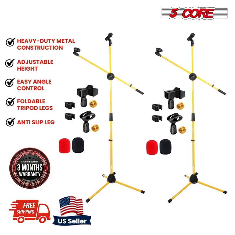 5 Core Dual Microphone Stand 2 Pack, Adjustable Tripod Floor Stand with Boom Arm, Yellow image 1