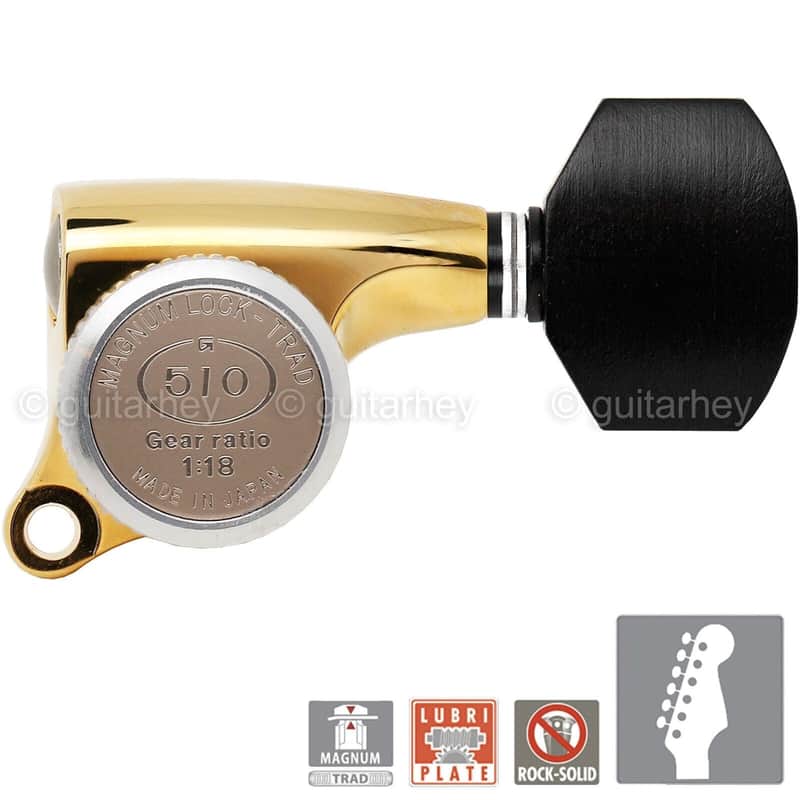 NEW Gotoh SGS510Z-EN07 MGT 6 in line Locking Tuners Set w/ EBONY Buttons - GOLD image 1