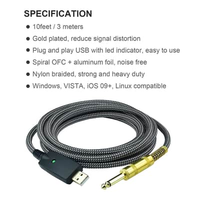 Guitar To Usb Cable Adapter - Usb To 1/4" Ts Electric Bass Guitar Cord For Recording,Quarter Inch Male Jack To Computer Usb Interface,Nylon Braided, Ofc Shield,Plug-And-Play Connection,10Ft image 4