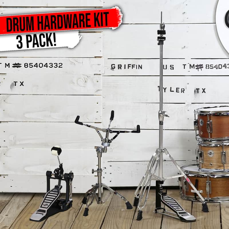 3-PACK Kick Drum Foot Pedal, Snare Stand & Hi-Hat Pedal GRIFFIN Drummers Chrome image 1