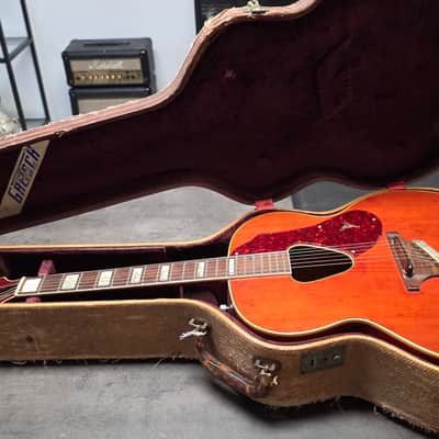 1954 Gretsch 6022 Rancher Jumbo Flat Top Western Orange Early 50s American Vintage 1950's USA G6022 Original Case G Brand Steer Logo Piezo Acoustic-Electric Guitar Spruce Maple Body Country Western Inlays Brazilian Rosewood image 2