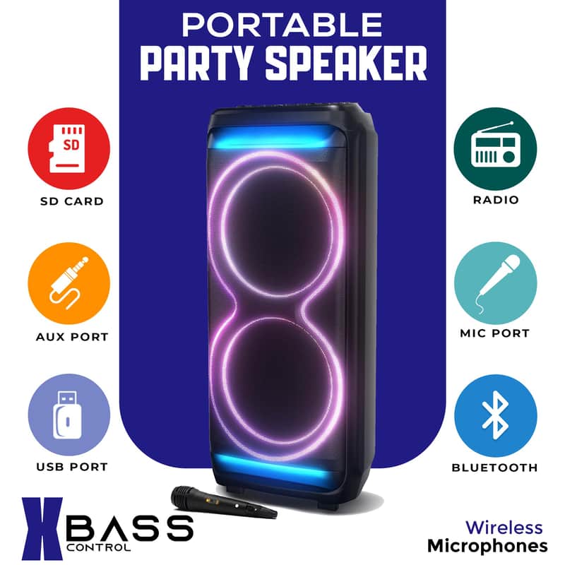 Powerful Dual 15” Bluetooth Party Speaker – 100W RMS, Deep Bass, DJ Ready, LED Lights, Wireless Mic, WaveSync, Trolley Style image 1